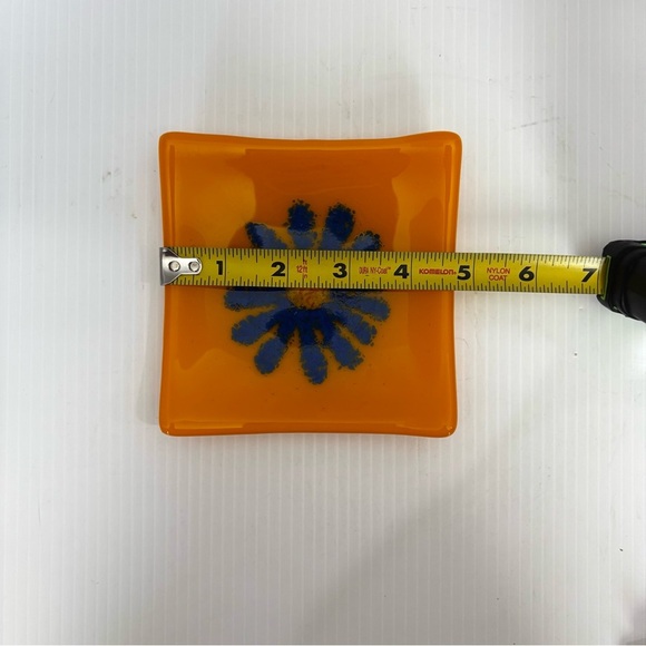 Flower Square Curled Edge Fused Art Glass Dish Trinket Coin Tray Signed - Picture 4 of 5